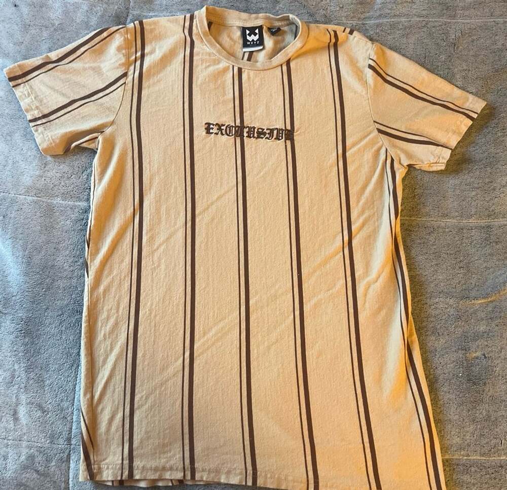 WXYZ MFG CO T-Shirt Size M Beige Brown Striped Exclusive Embroidery